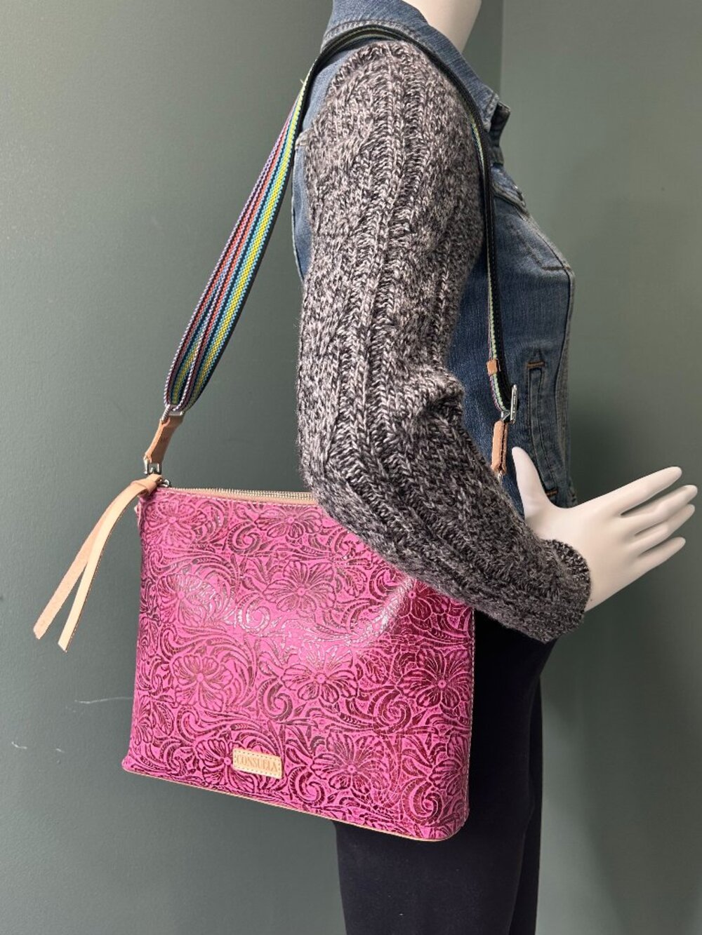 CONSUELA Mena Downtown Women's Fuchsia Tooled Leather Crossbody - Picture 2 of 11